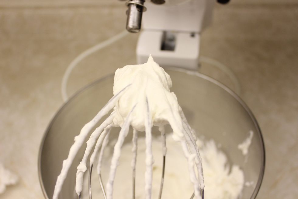 This is the stiff peak you are looking at in your whipped cream. Use quickly or place it in the fridge until you need it.