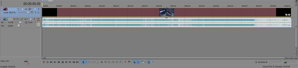 This is the Timeline. All your project media will go here under 2 types of levels: Film and Sound. Sound is represented by a blue volume button and film is represented by a red film button.