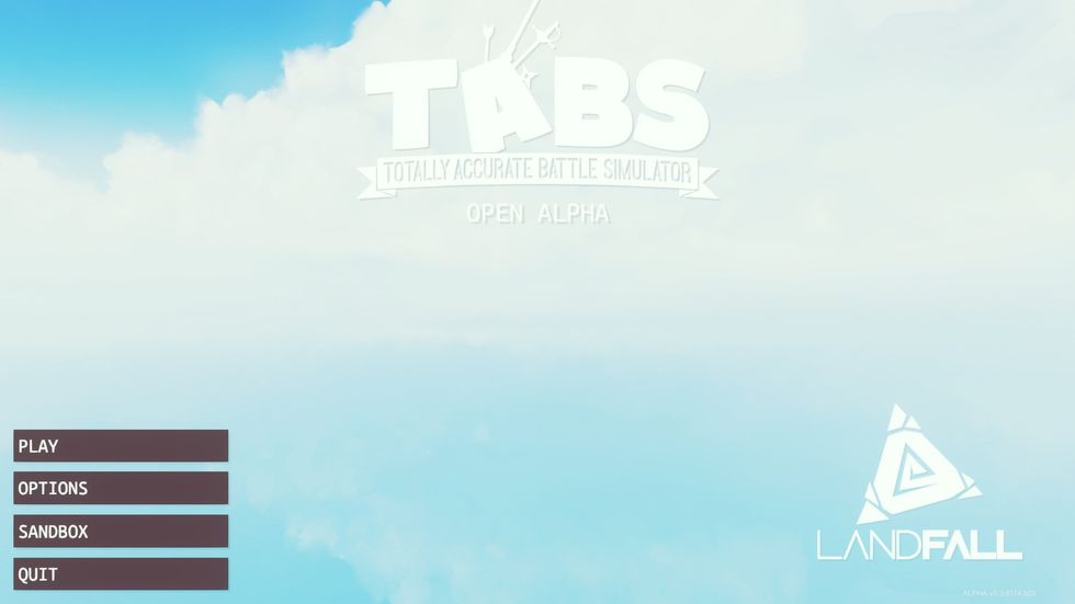 This is the title screen. There are 4 options you can choose. The two playable choices are Play and Sandbox, while Options lets you configure volume/graphics and Quit closes the game.