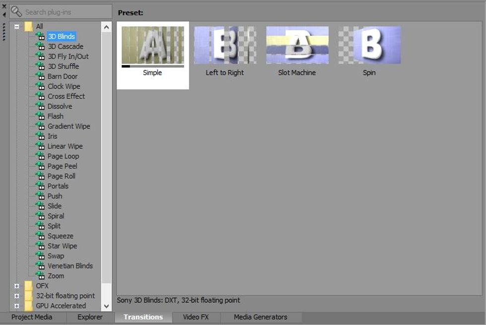 This is the Transitions tab. Here you can find preset transitions that you can use in between clips of your media. Drag and drop a transition of your choice in between two sources.