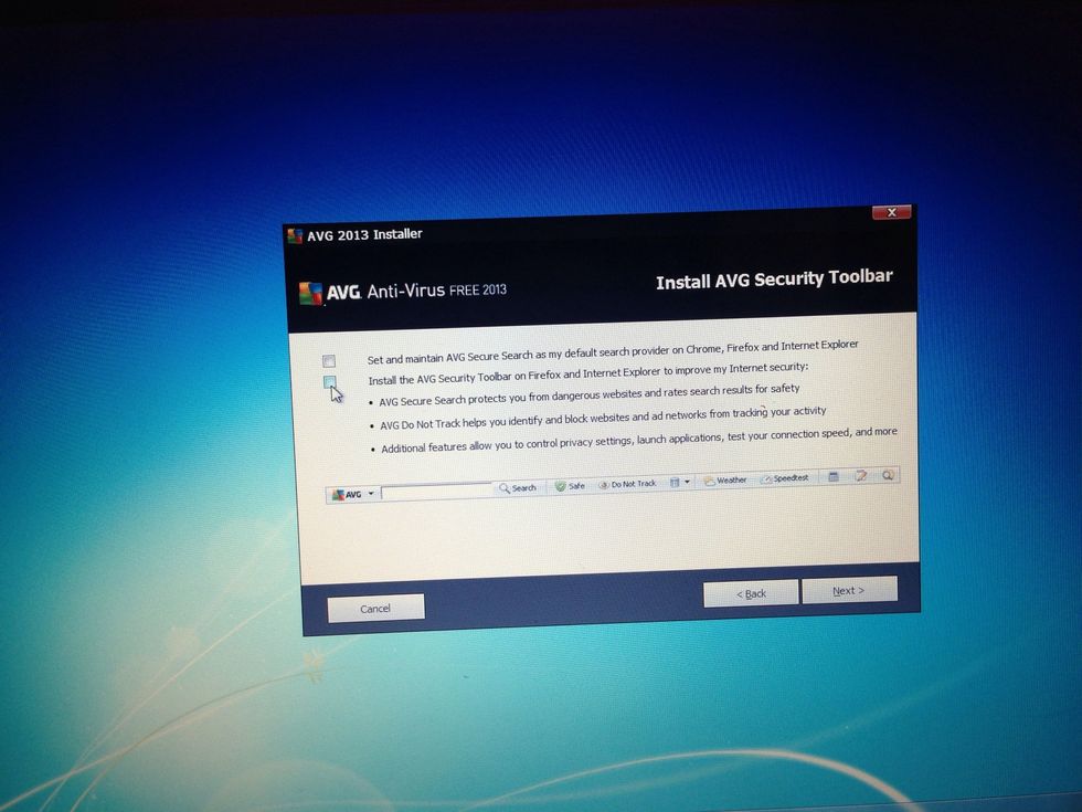 This is the tricky part. AVG wants to install a bunch of stuff you won't want. Uncheck the check boxes on this screen.