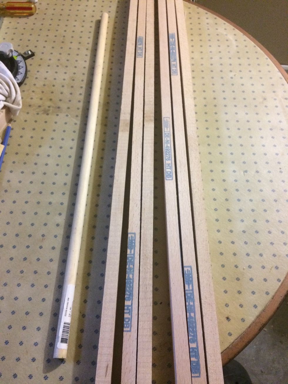 This is the wood that I am using. I get these from Miele dishwashers, part of the shipping package. The dowel on the left I had lying around.