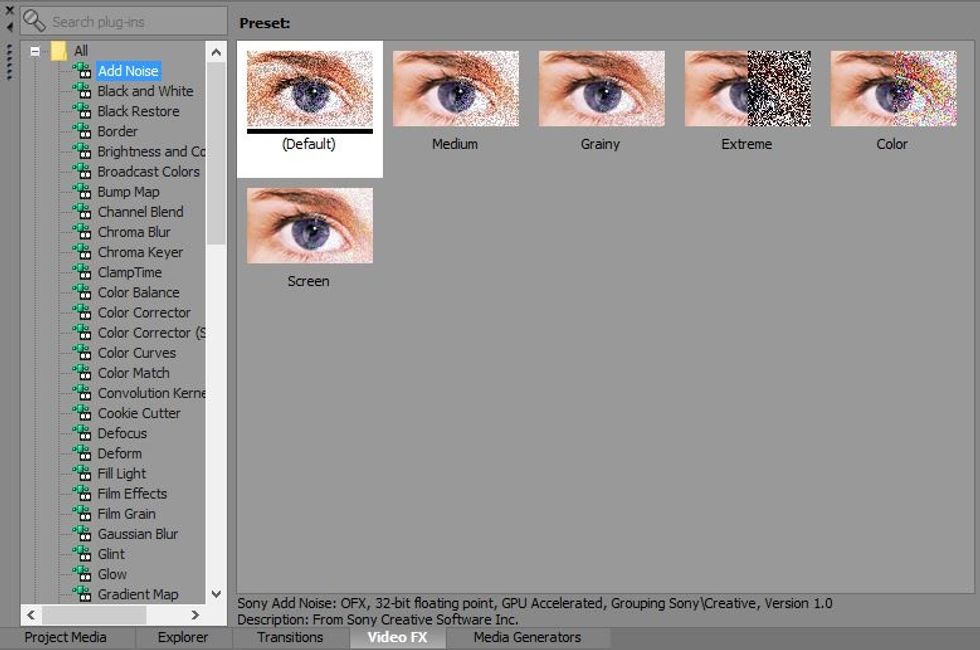 This is Video FX. FX stands for effects and this tab is used for all the effects that you can add to your video to spruce it up a bit. Simply drag the effect you want and drop it on the media.