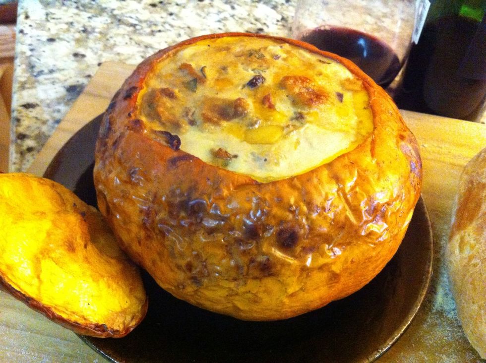 This is what a stuffed pumpkin baked in a cob oven should look like when done. Let it rest at least 20 minutes before cutting or serving.