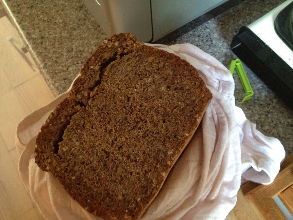 This is what happens to your rye bread if the oven is too hot. The crust lifts off. Shame on me