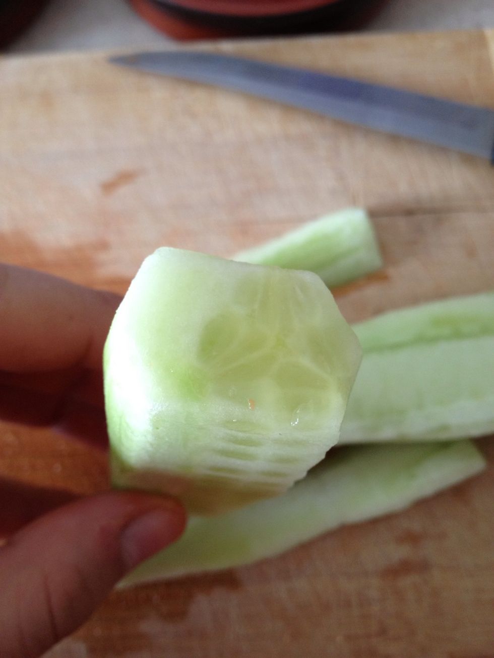 This is what I mean by julienning the non-seeded parts of the cucumber. I just used the seeded part for a salad the next day.