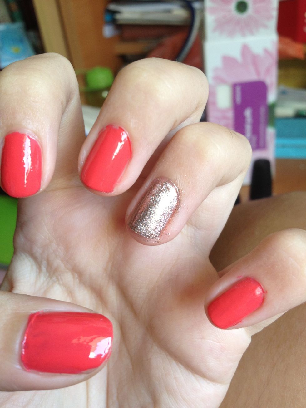 This is what it looks like after cleanup. Tip: do the nails with glitter last, so the excess glitter polish on the Q-tip doesn't mess up your other nails.