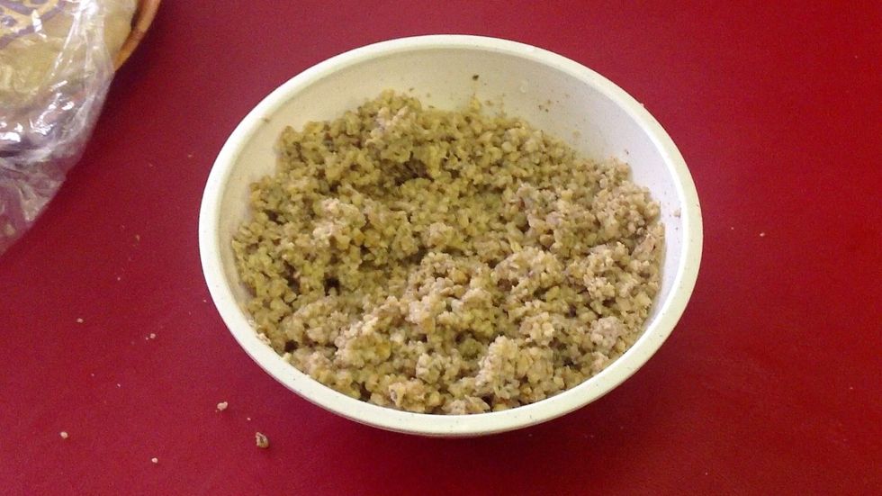 This is what it should look like. Get stuck into it. Have a taste. Don't eat it all at once!! We need to fill the dough parcels.