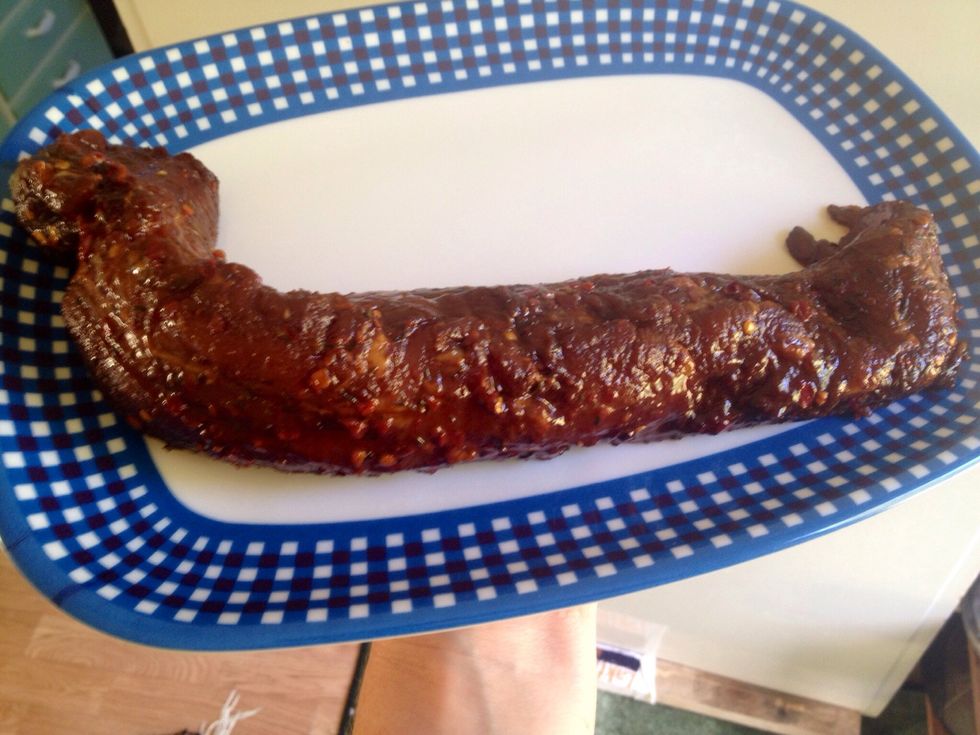 This is what our meat looked like after about 4-5 hours in the fridge in the lovely marinade. Wipe off the excess marinade before putting the meat on the grill.