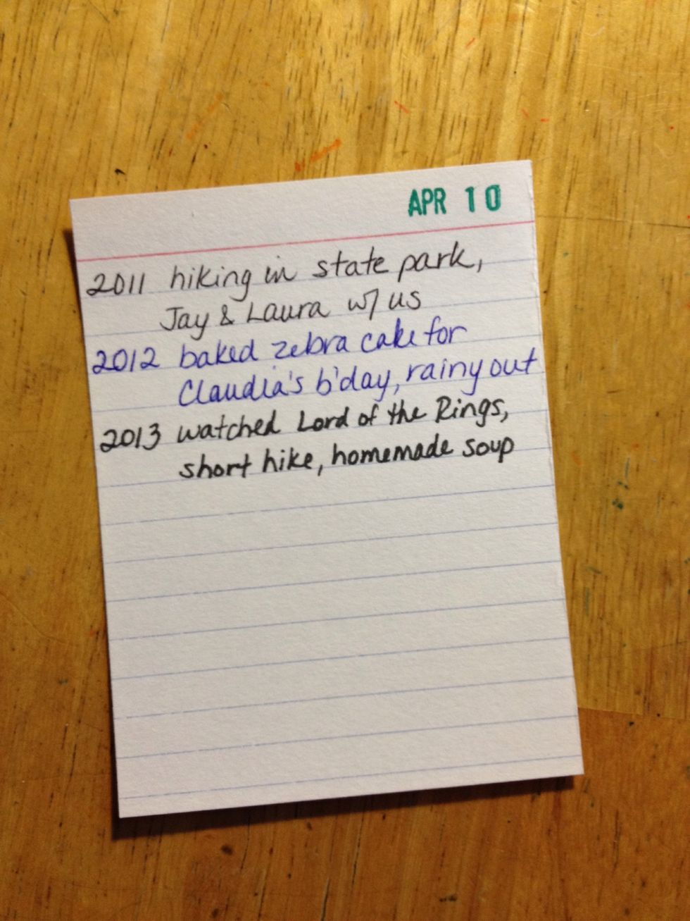 This is what the index card style can look like. You decide how many lines to use per year.