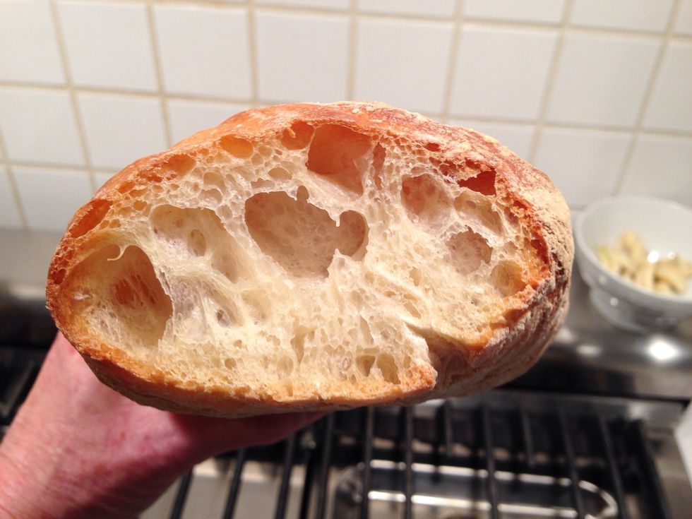 This is what we are after today- crunchy bread that is full of holes. It's salty and yeasty and, fabulous. If you are looking at this and thinking , I'm going to add some sprouted wheat berries...