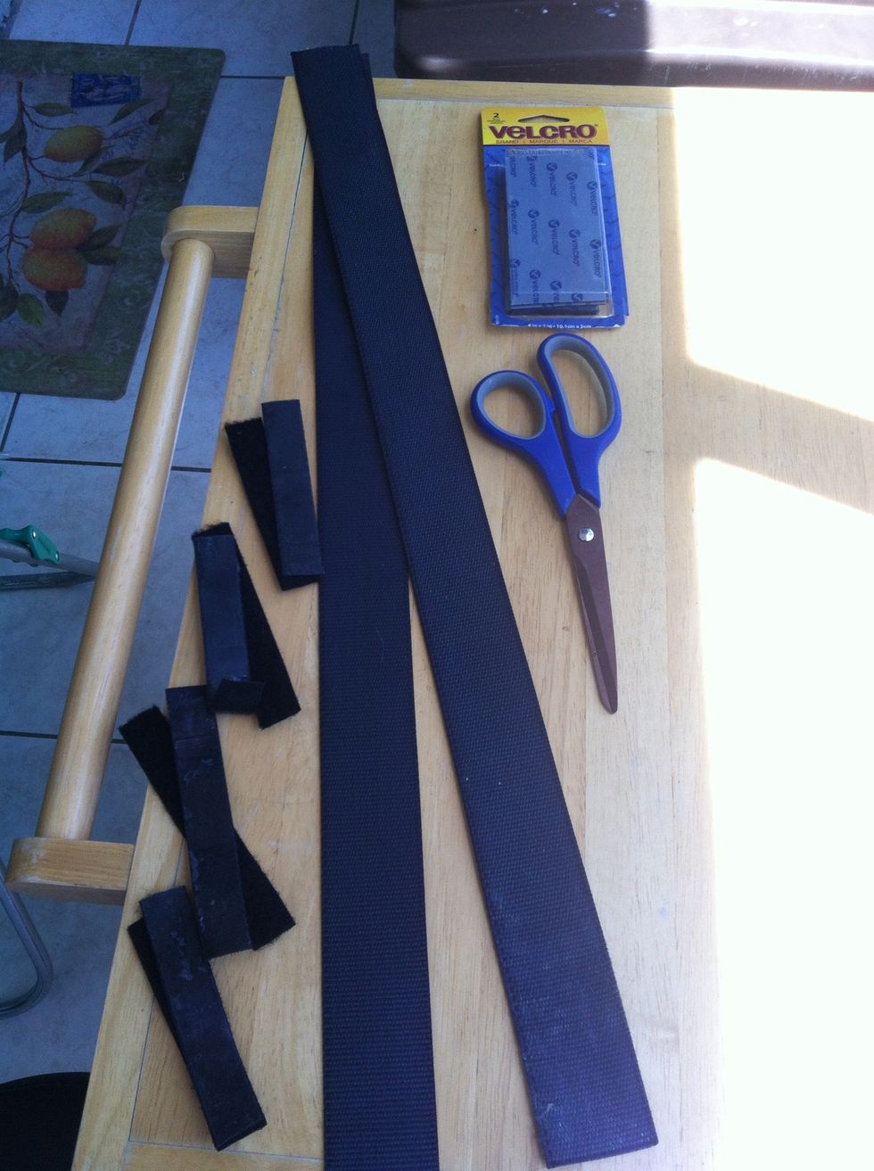 This is what you'll need. I forgot to put the lighter in the picture. I've also already cut up some of the velcro in half lengthwise.