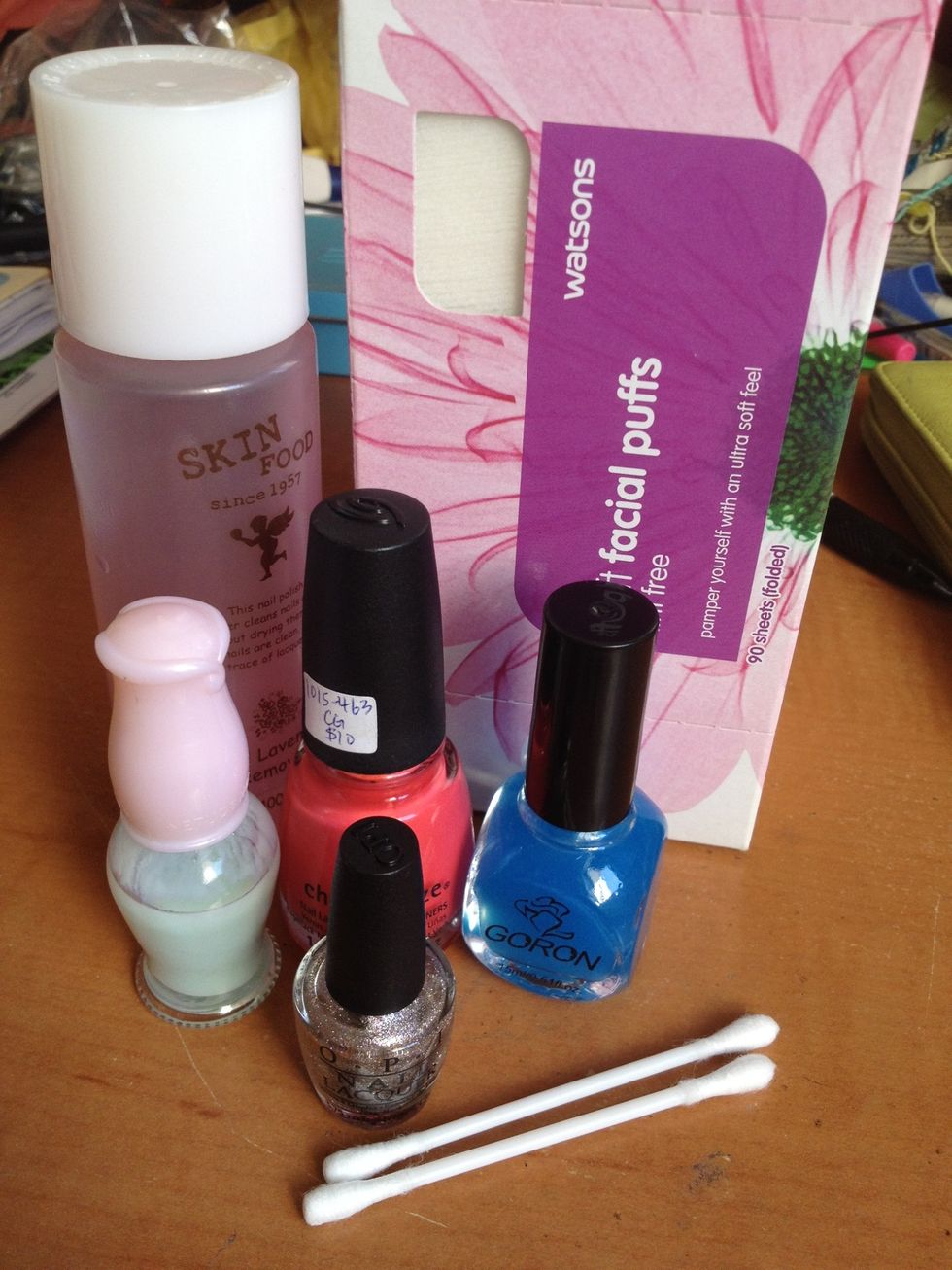 This is what you'll need. I'm doing a pretty pink colour on my nails with a glitter accent nail.