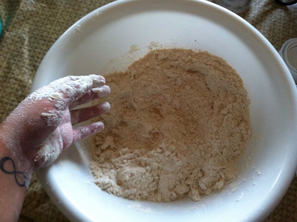 This is what you want the dough to look like before you add the water. Add the water slowly, mix first and then knead. You may need to use less or add more water, just depends on your dough.