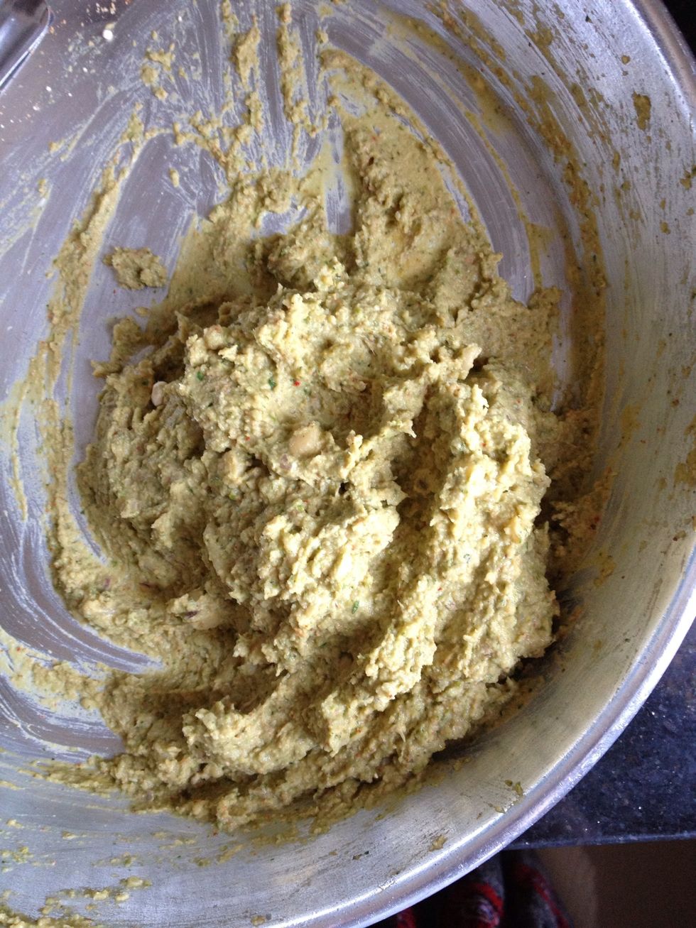 This is what you will get. Don't add water or else the mixture will be runny. You want a good consistent mixture to make the falafel patties. Add some more chickpea flour if its too mushy.