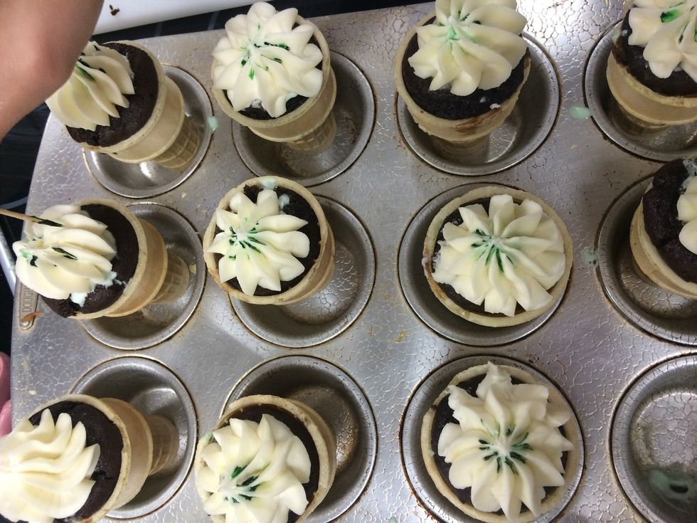 This is what your cones should look like with the green food coloring swirl. This will let people eating your treat know there is mint ice cream inside!