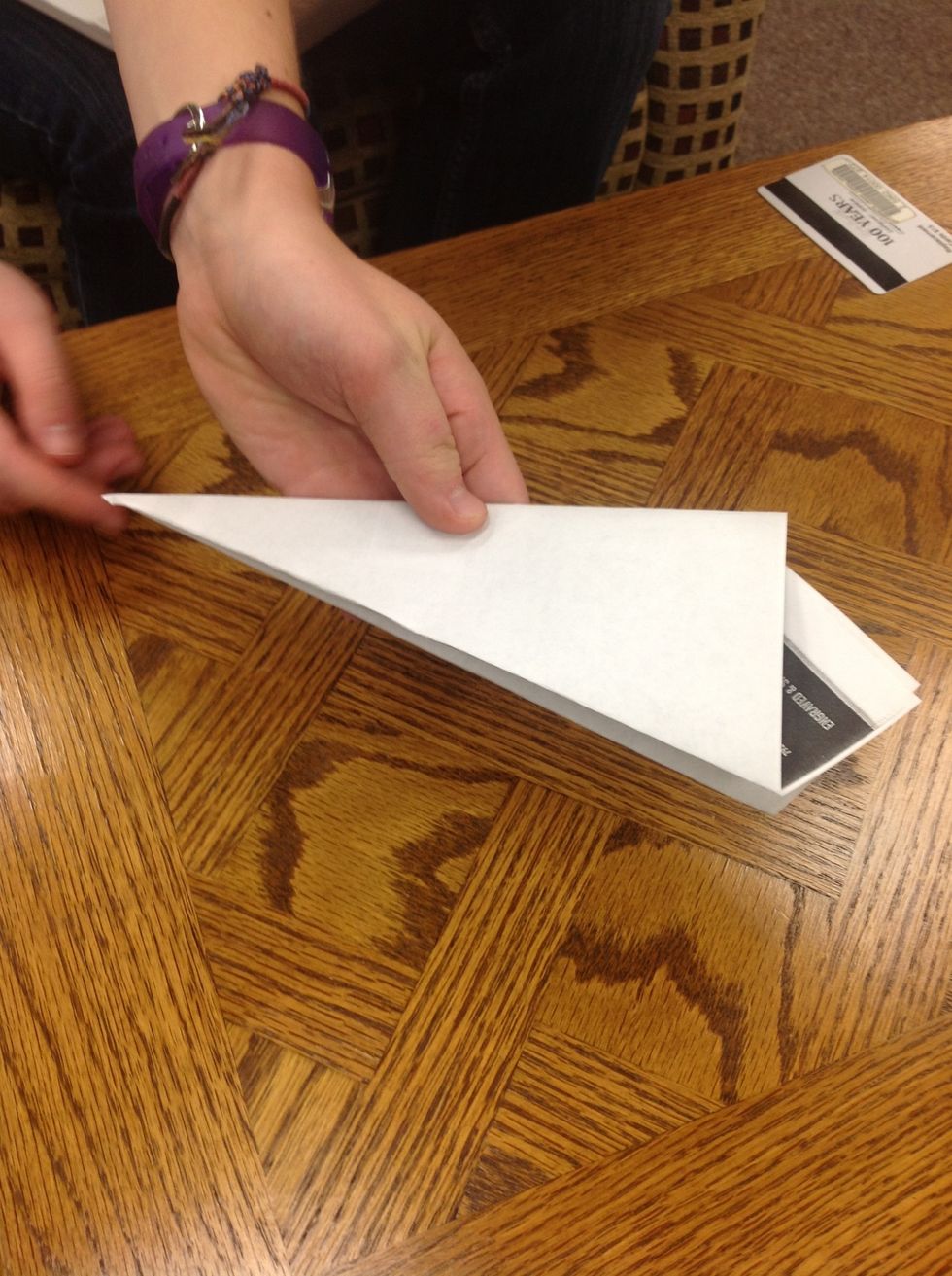 This is what your paper airplane should look like after you have folded it like a hotdog bun.
