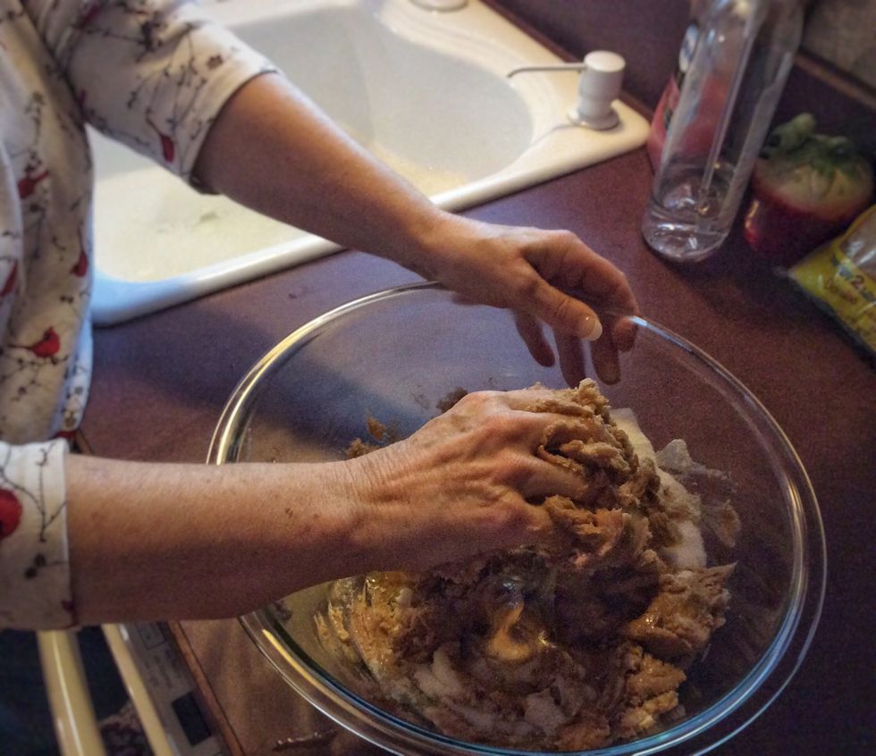 This is where it gets messy- roll your sleeves up and mix with your hands.