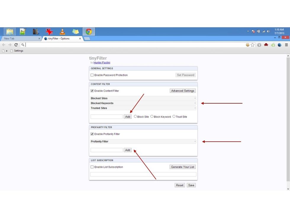 This is where you set your keywords. You can block keywords and profanity. To add a new word, type it in the empty boxes and click ADD. The down arrows expand the list of blocked words.