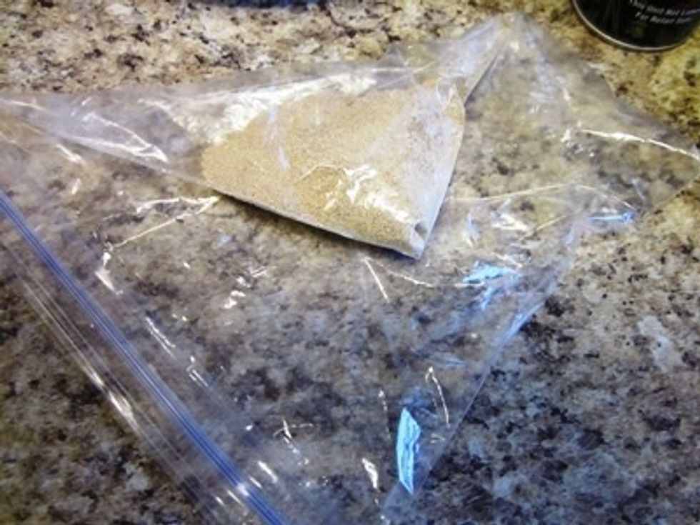 This is yeast. It is a whole bunch of tiny pellets of yeasty beasties that I got from home. Hence the plastic bag. Yeast also comes in other forms, so you may need more or less of it. Experiment : )