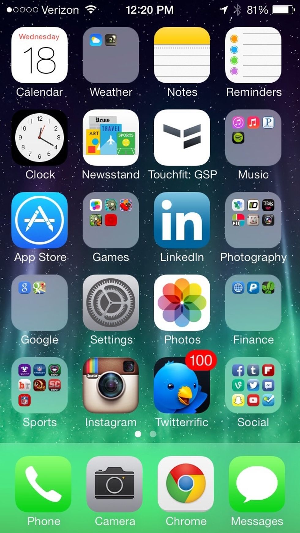 This is your iPhone home screen. From here you can do many things with the magic of iOS 7.
