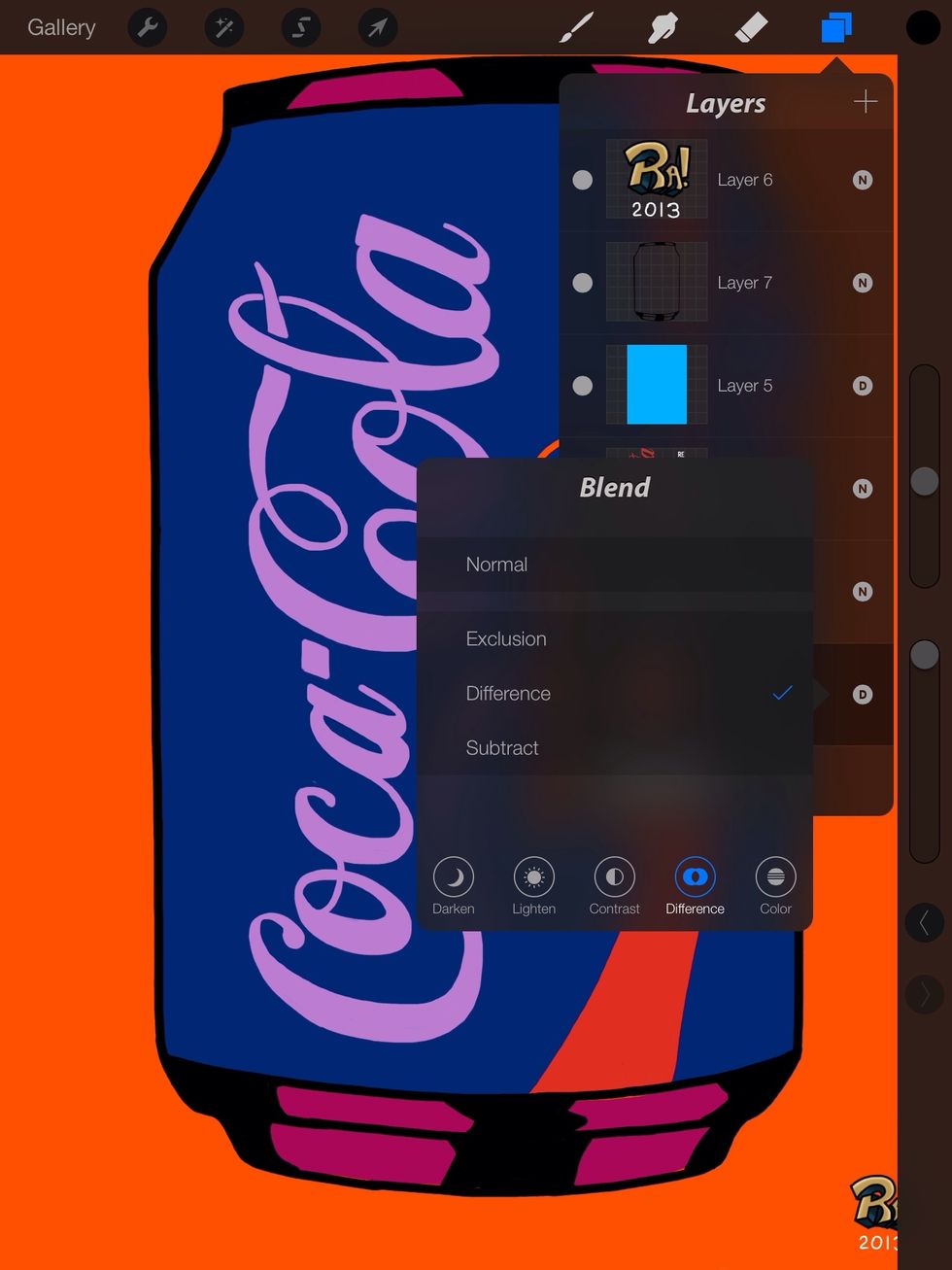 This layer is my background. I make sure I put this layer over the can layer. Keep in mind my line work is above this so my blacks stay black. I picked "difference" so blue turned into orange.