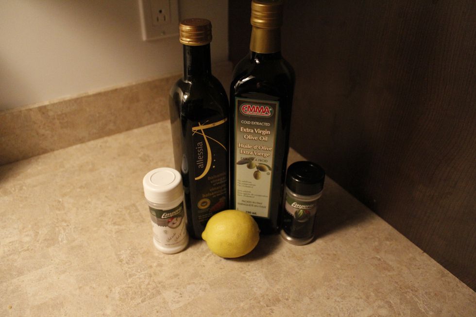 This meal is served perfectly with a light spring salad. You'll need balsamic vinegar, olive oil, salt and pepper, half a lemon, and a spring salad mix.