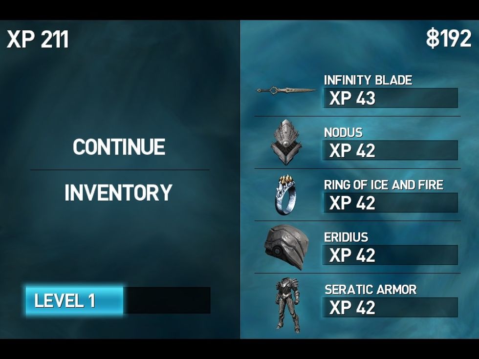 This menu appears at the end of a battle but the inventory can also be accessed by pausing the game (cannot be accessed during a battle).