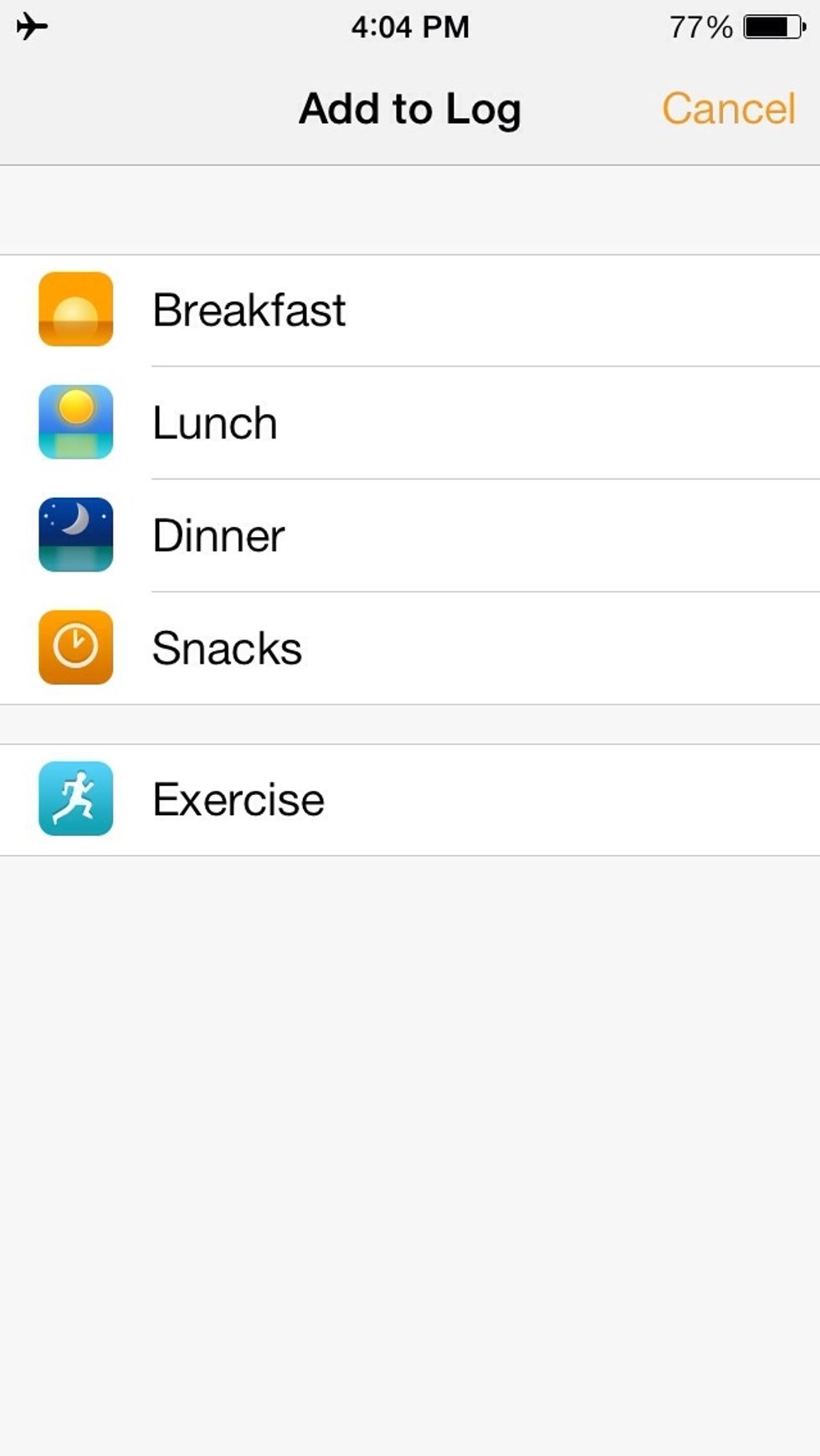 This navigation page is where you select which type of item you are recording at that moment: input foods &/or exercise.