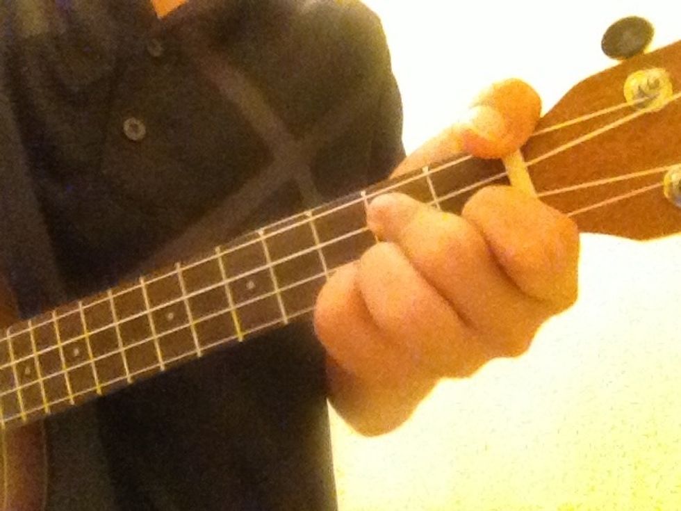 This next chord is G7. Put your pointer finger on the first fret on the 3rd string. Then put your ring and middle finger on the second fret on the 2nd and 4th string. It should look like a pyramid.