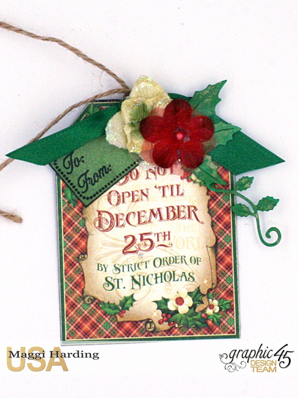 This one was really quick! I cut out a tag cut-apart from the St Nicholas collection & embellished it. I used a to/from stamp to add to my tag. You could easily write the to/from on the tag back.