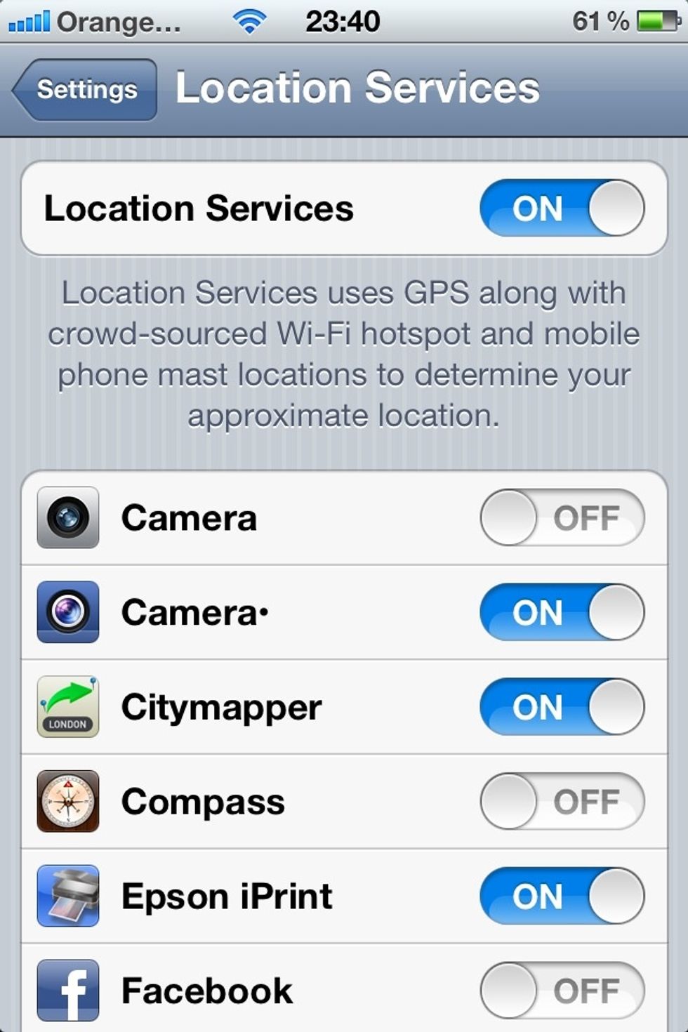 This page is the location settings page. You can see at the top that the location services are on just swipe left over the ON button to the right of it.