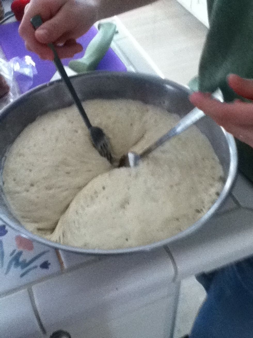 This part can be tricky. Take two forks and divide dough in half. Punch the dough down as best you can then put one half in each prepared bowl.