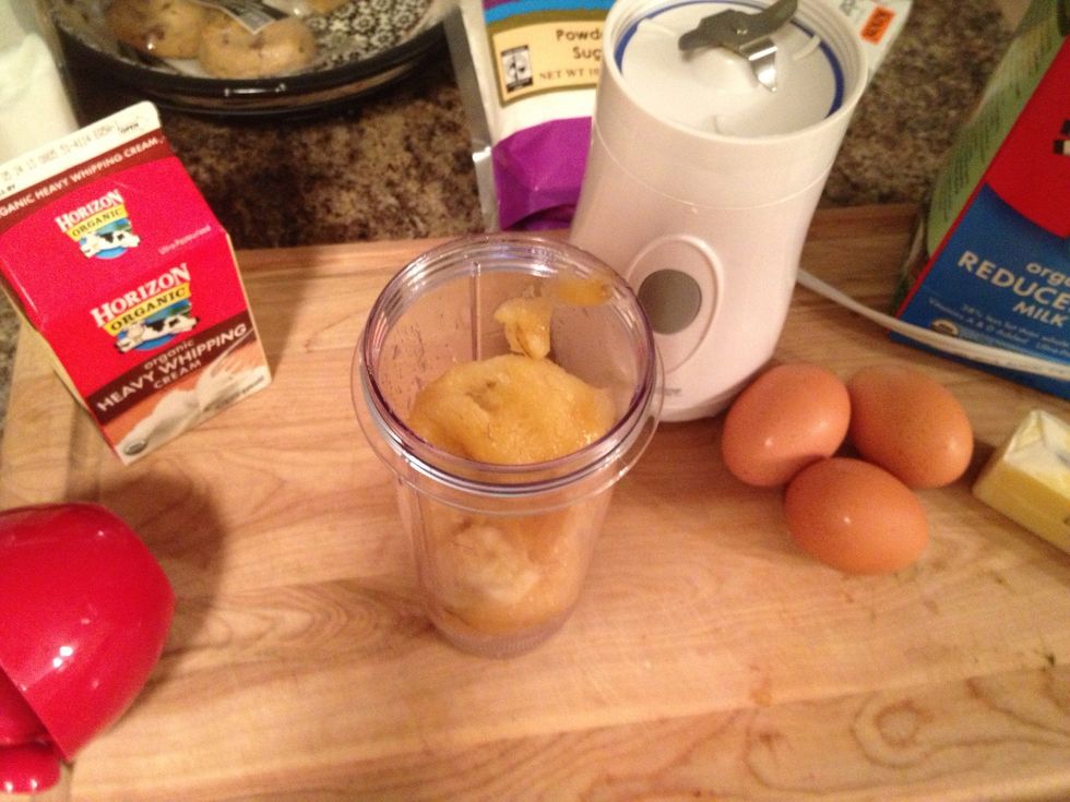 This pie is a great way to use up your nearly rotten bananas! It may look unappetizing, but the flavor is amazing.  Take your two bananas, peel them and put them in a food processor or blender.