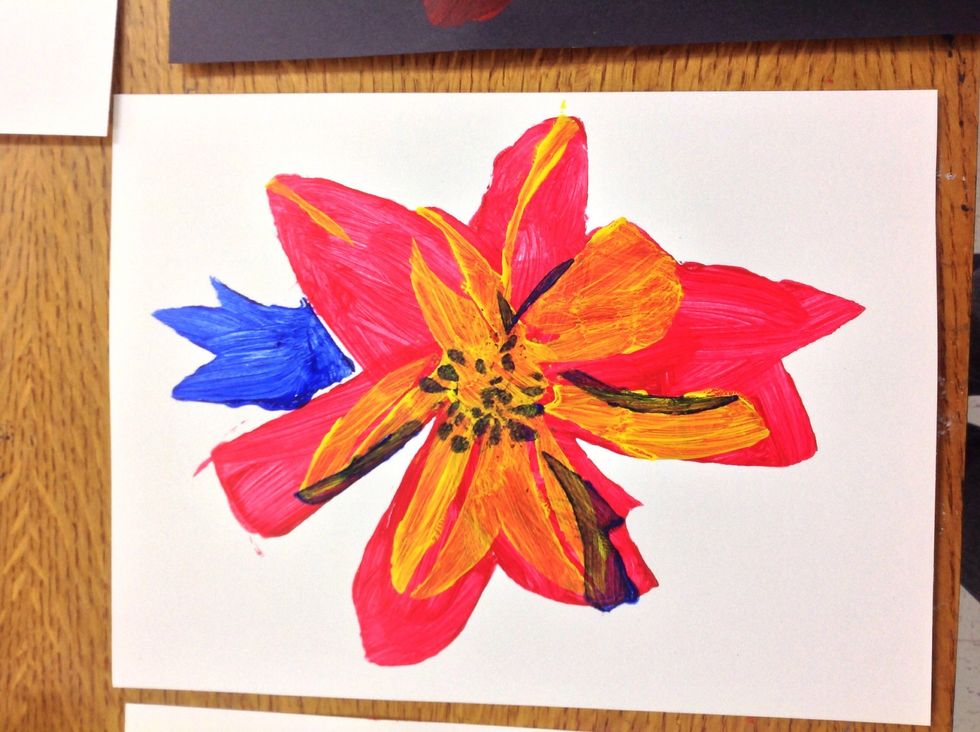 This print is done with acrylic. The yellow was still wet, that is why the leaf is blue but the rest of the blue layer is really more green.