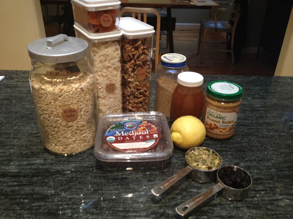 This recipe has a lot of ingredients! Don't be put off by the shear number. I promise that these bars are super easy to make! Feel free to substitute different types of dried fruit and nuts.
