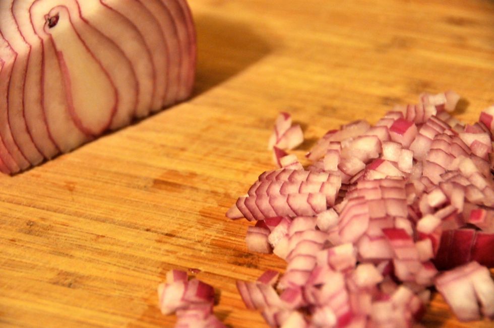 This recipe is for 1 serving so you only need a little onion. You can use red or white - I had red so that's what I used. Double this recipe for 2 or more servings. Diced the onion and set aside.