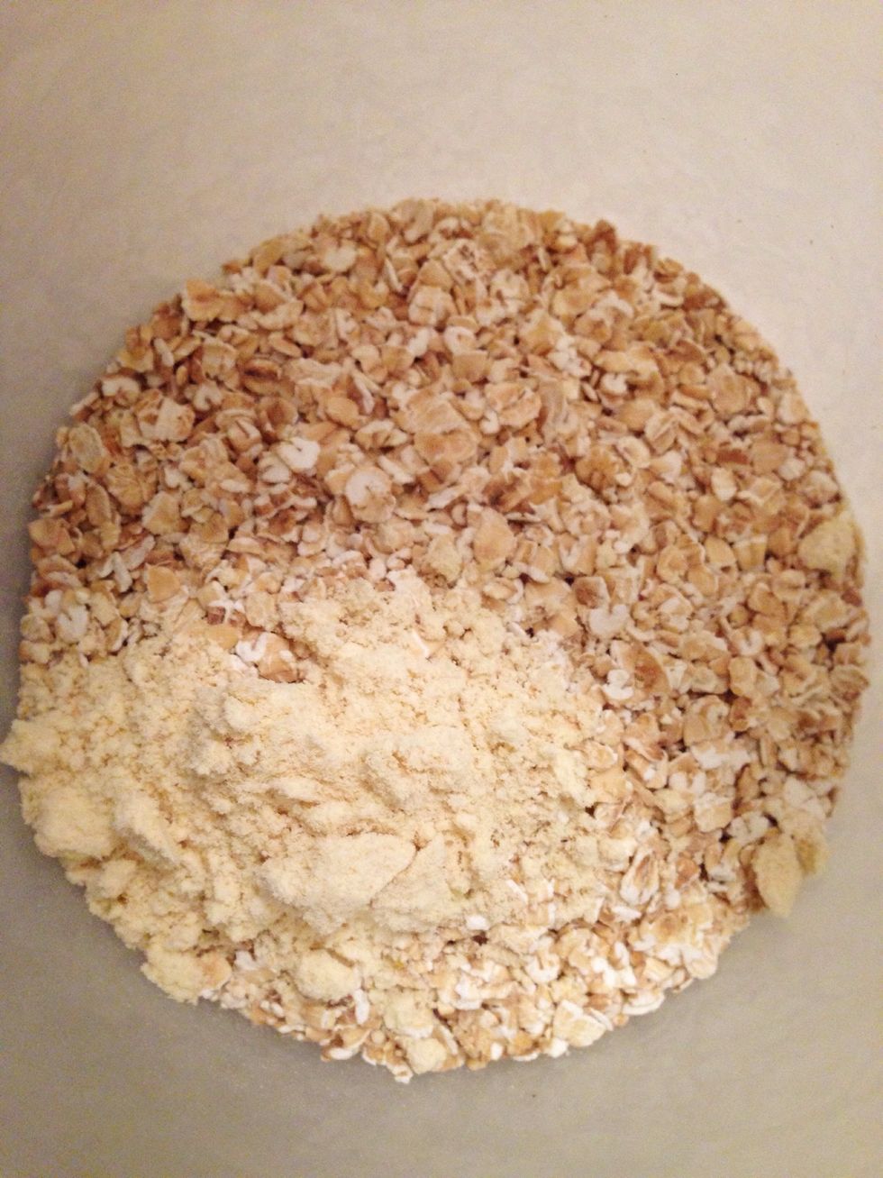 This recipe is for 2 servings!  Mix oats with the protein powder.