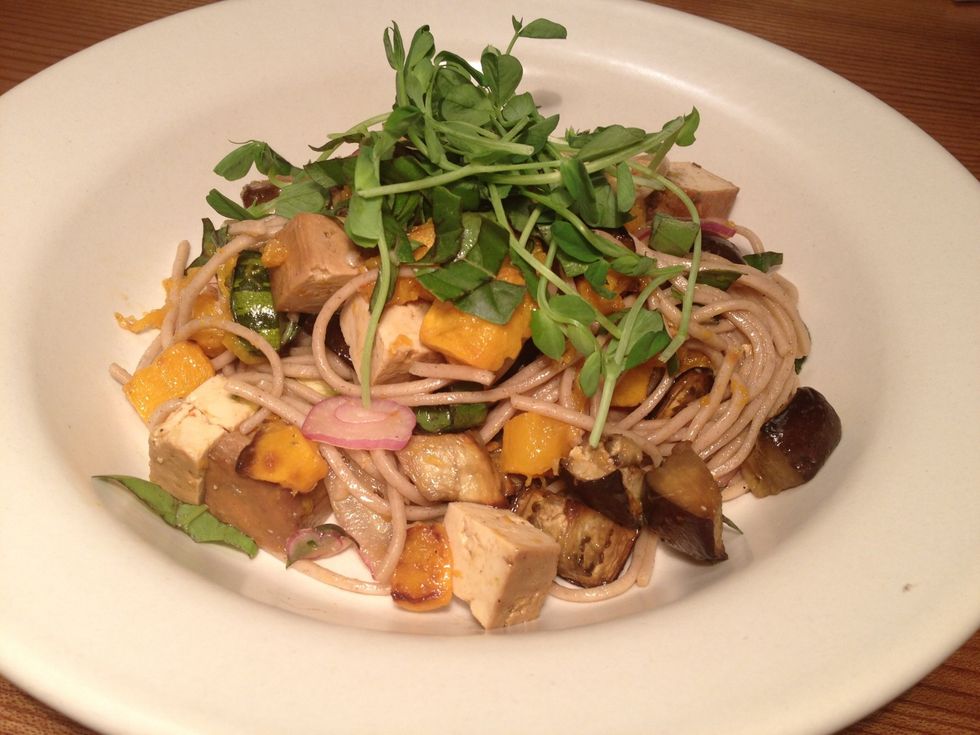 This recipe is loosely based on one from Yotam Ottolenghi's Plenty. The original calls for mangoes, but I subbed squash since they are in season. Also, instead of frying the eggplant, I roasted it.