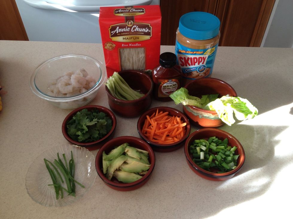 This recipe is quick with the exception of prepping ingredients. (The peanut butter and sriracha are going to be used to make peanut sauce later on.)