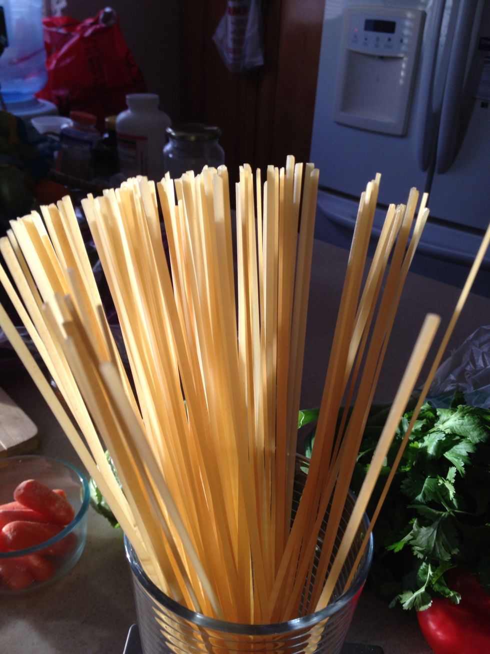 This recipe is traditionally done with rice noodles, but any long pasta will do.