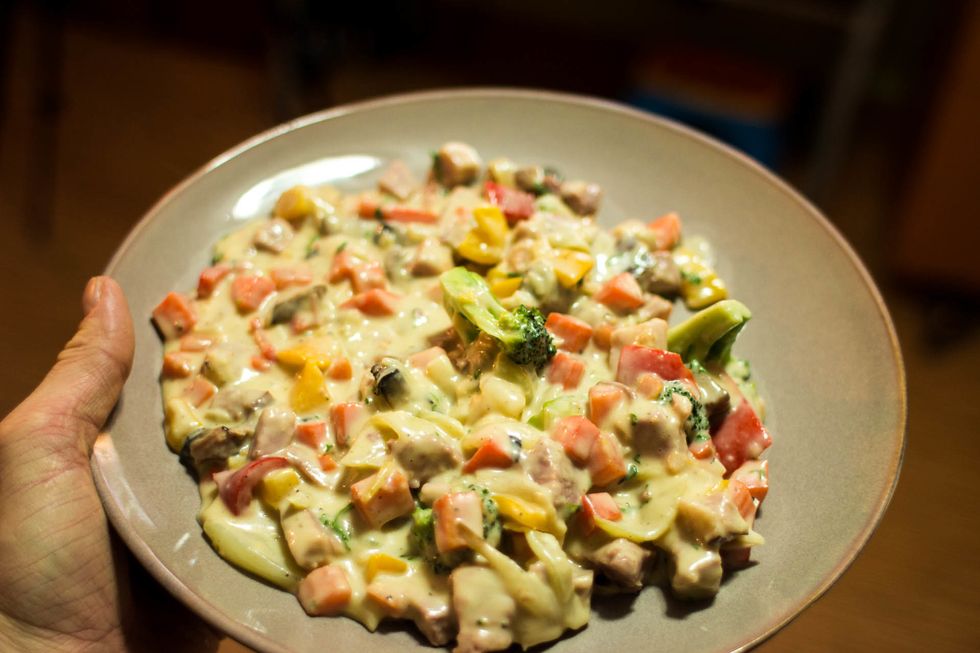 This recipe makes quite a bit so this plate full went into the fridge to cool down for another larger pie. Although, you could just use all the filling for individual Pot pies.