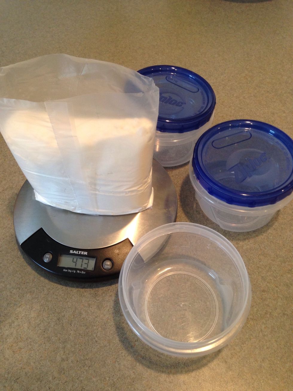 This recipe uses 1/3 of the boxed cake mix. Measure the dry mix by weight into three containers saving 2 containers for another day.