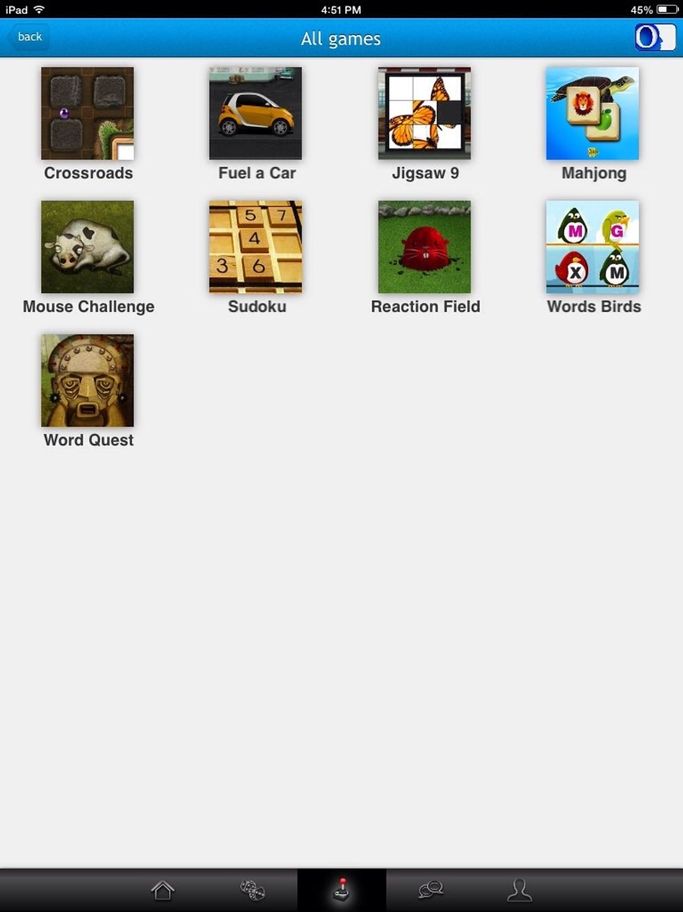 This screen allows you to choose which game you want to play. There are 9 games total for the play option. Each game tests different cognitive skills.