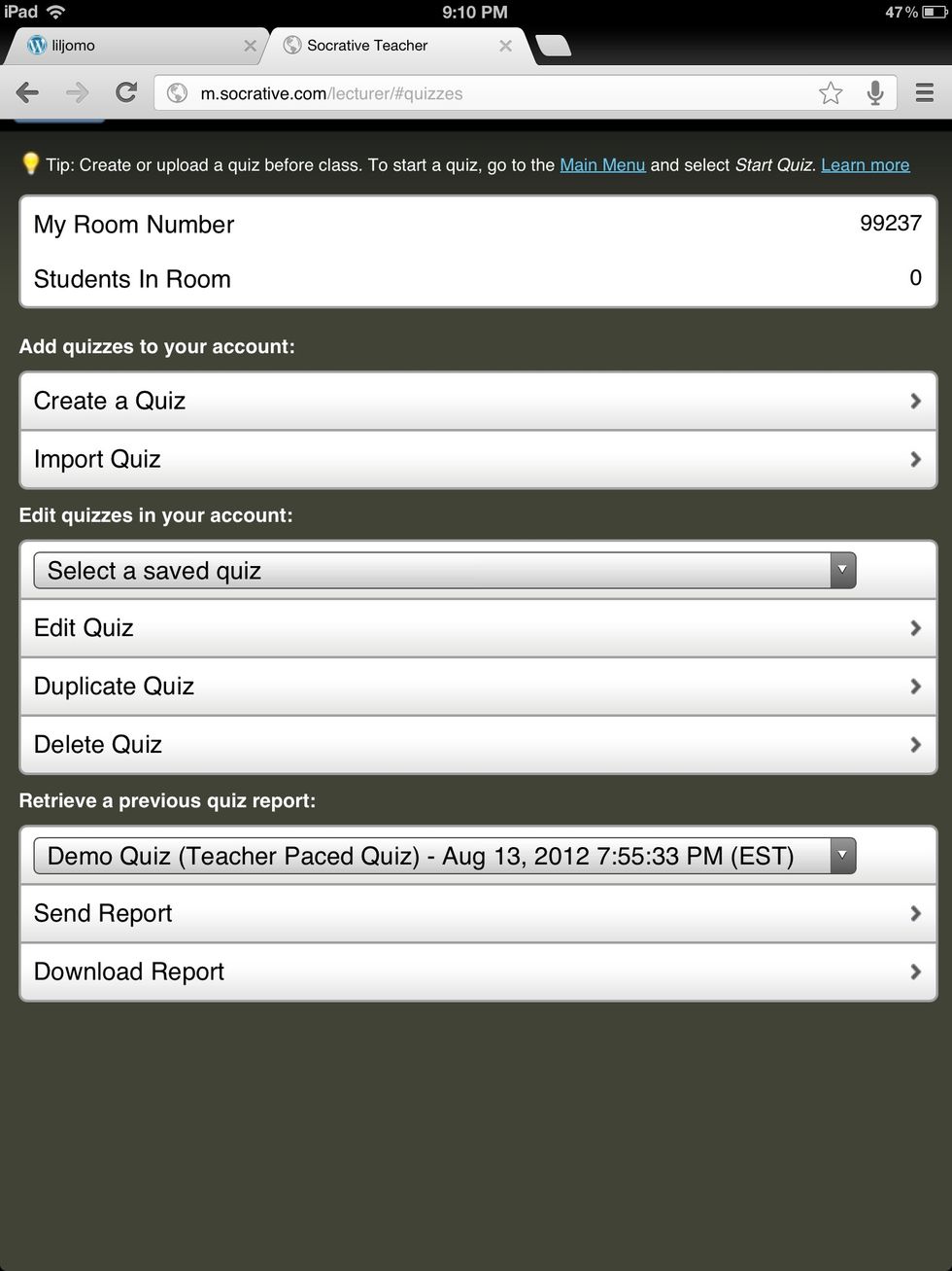 This screen allows you to create, edit, and import quizzes.