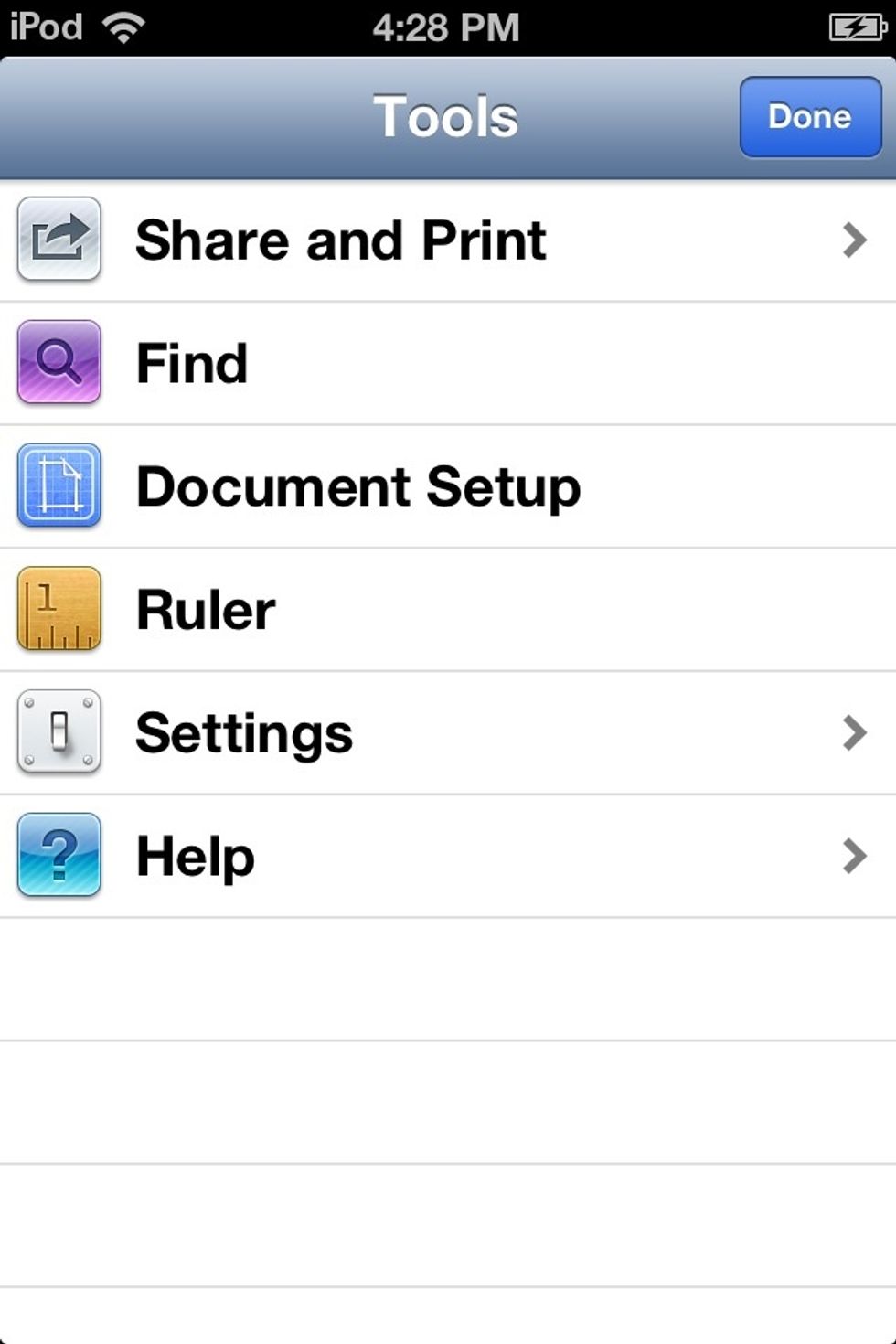 This screen comes up. Tap DOCUMENT SETUP. (As you might know from my other guides on PAGES, I like to embed certain elements into the sheet so that they don't interfere with the text.)