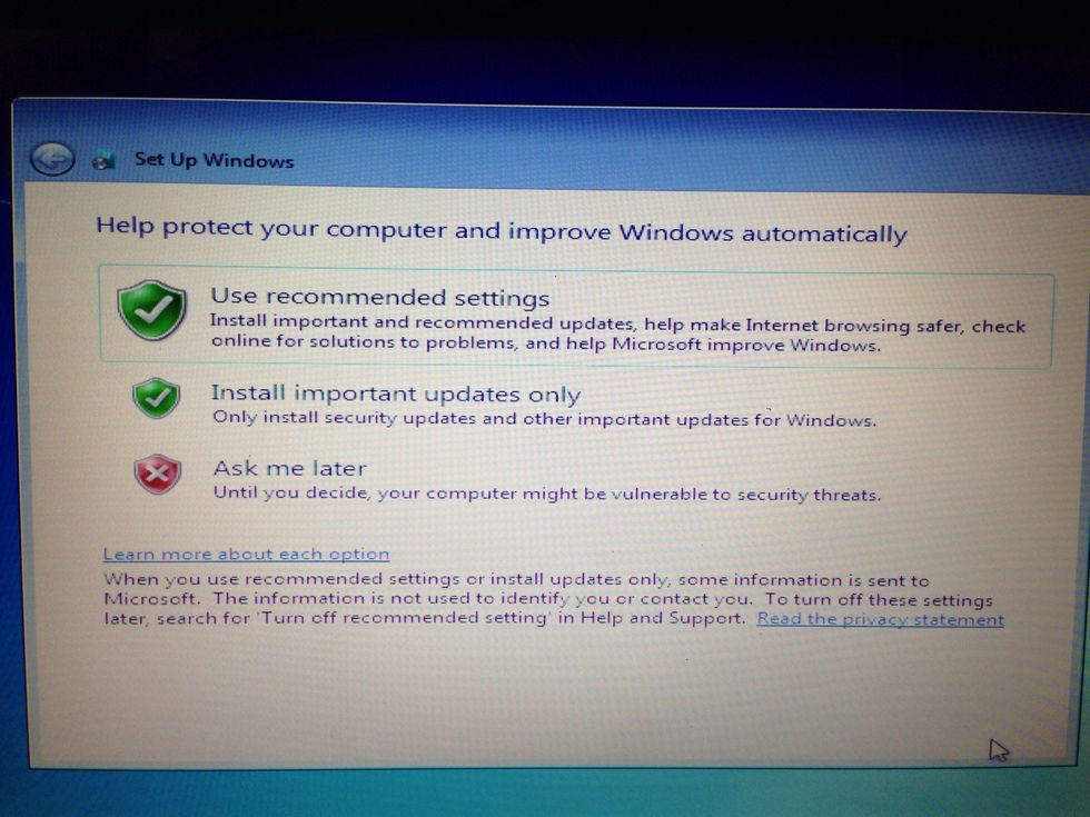 This screen is asking if you want to automatically update. I usually click on the recommended settings.