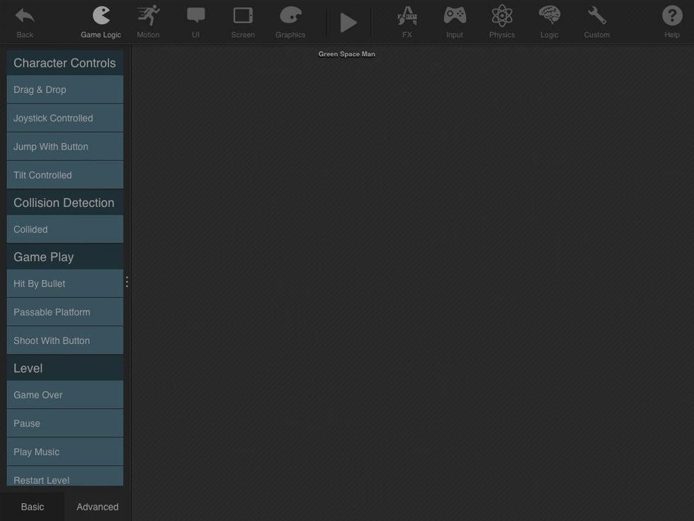 This screen opens up. This is where you give objects behaviors. At the top are different categories of behaviors, and on the left are the behaviors. We are adding behaviors to the GREEN SPACE MAN.