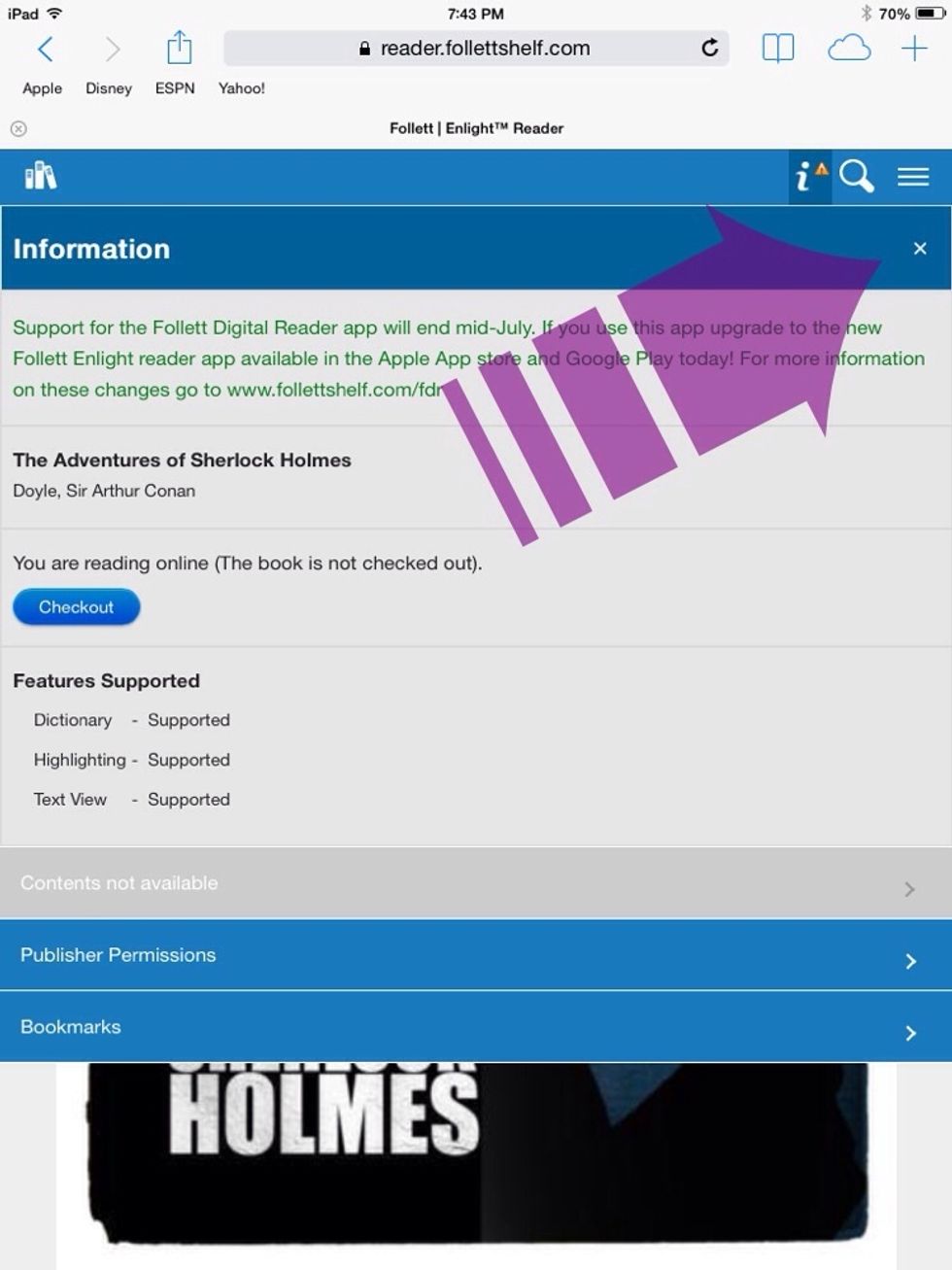 This screen provides assorted information this eBook. You can also checkout this book on this screen. Click on the 'x' in the upper-right corner to get to this eBook.