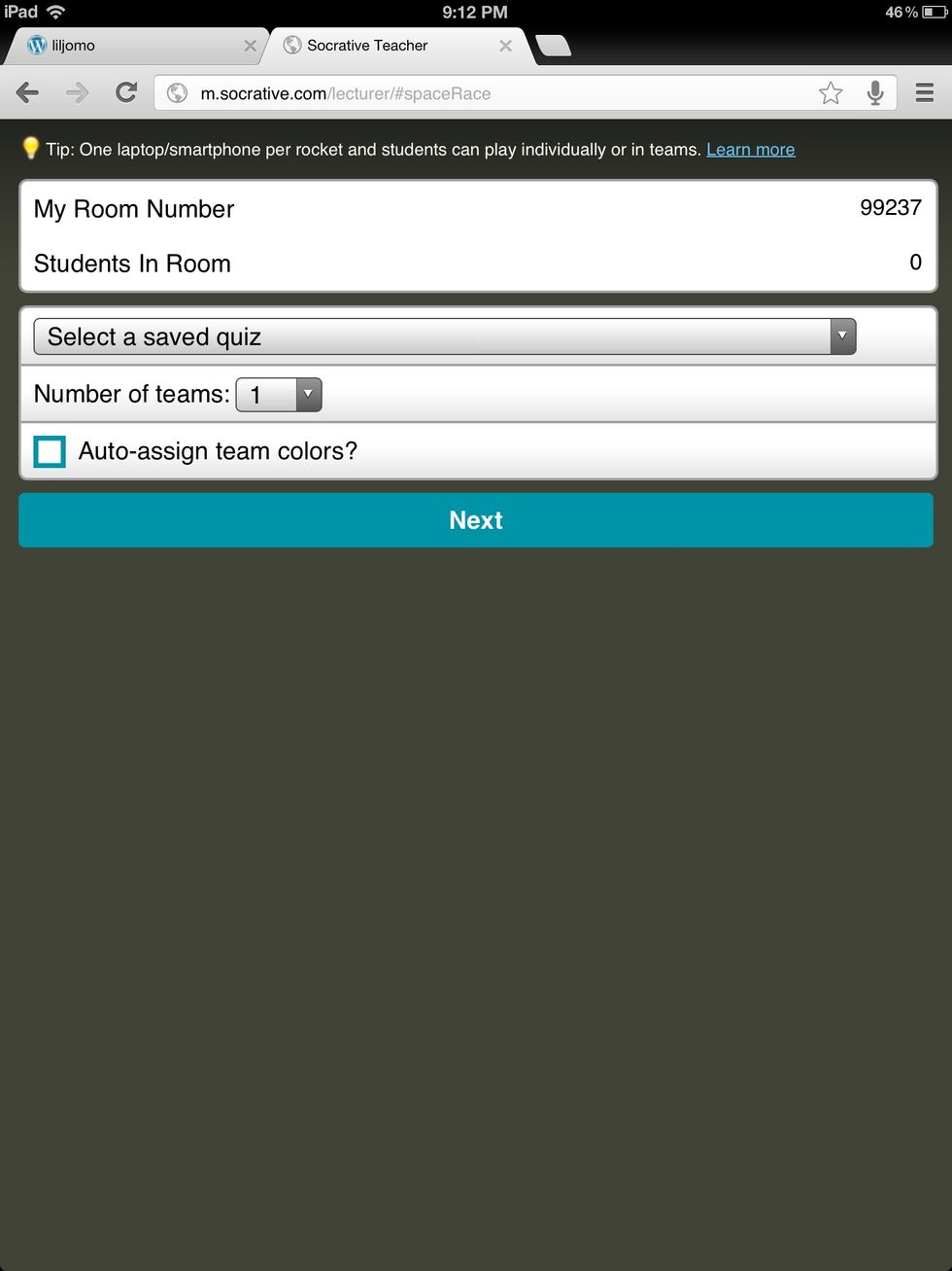 This screen sets up the "space race"! A competitive quiz between teams in the classroom.